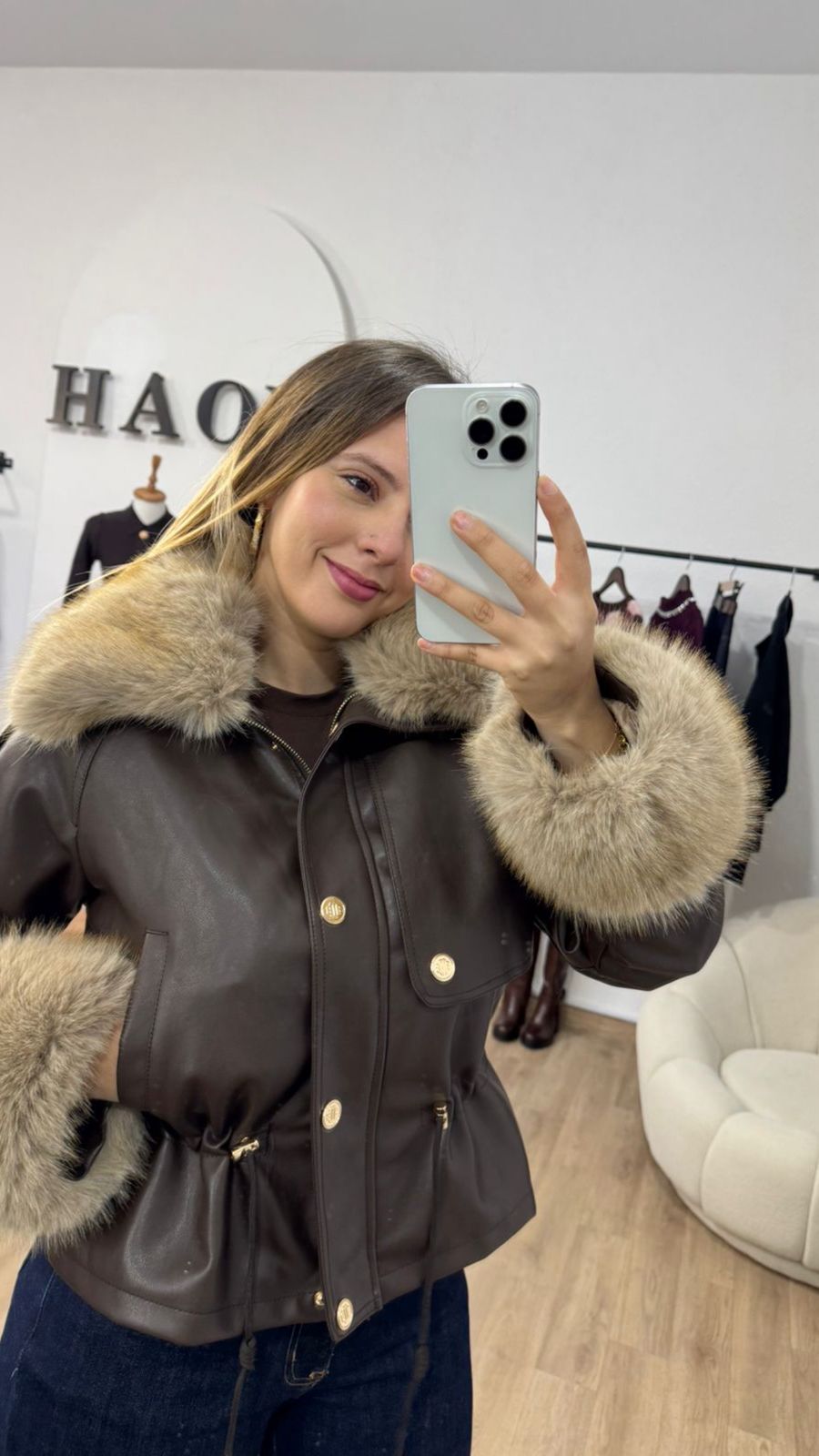 Veste Cuir & Fourrure Taupe – Image 12